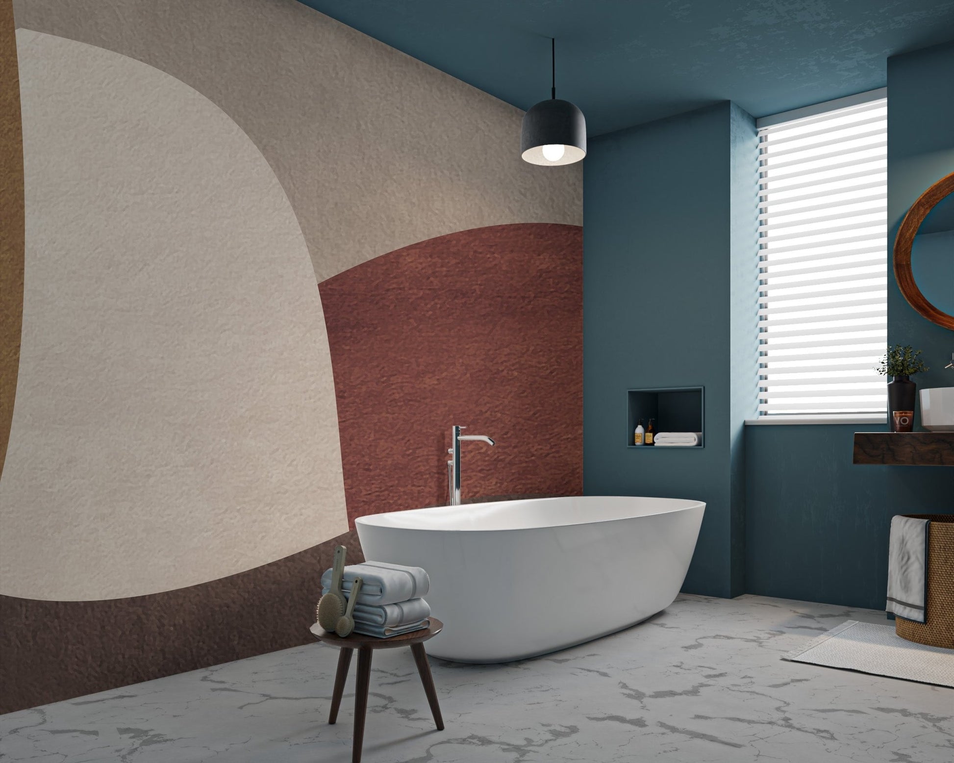 Tan and dark grey abstract geometric brown wall mural for a bathroom.