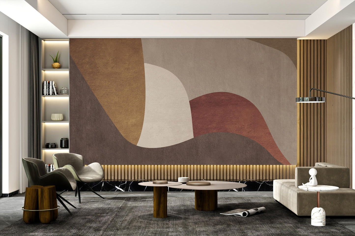 Textured wall mural in earthy brown and beige tones for a modern seating area.