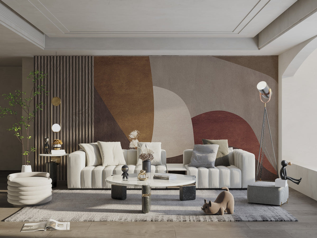 Abstract wall mural with terracotta arcs and grey background for living space.
