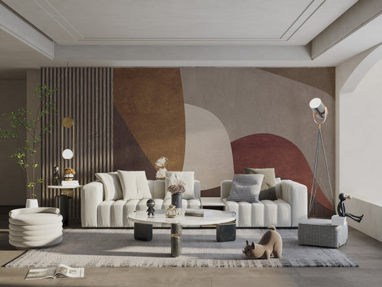 Abstract wall mural with terracotta arcs and grey background for living space.