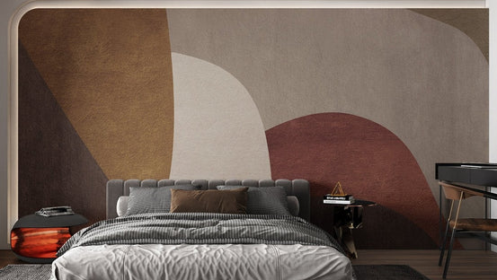 Minimalist abstract wall mural with curved terracotta for modern bedroom