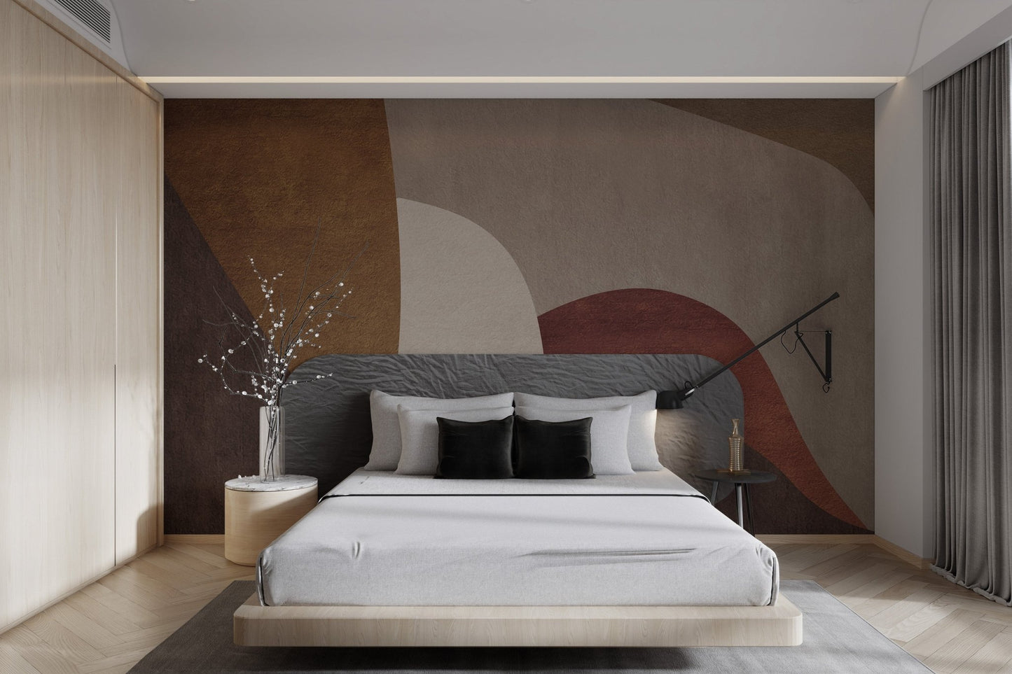 Plaster texture abstract geometric brown wall mural in neutral colors.