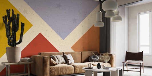 Abstract Geometric Design Wall Murals in living room with brown leather sofa.