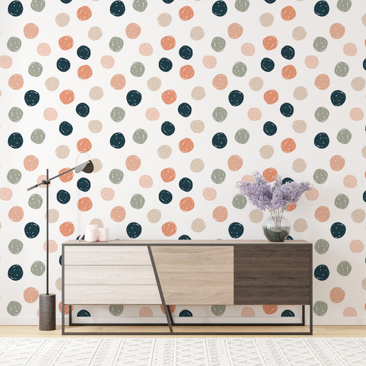 Modern sideboard against Abstract Geometric Polka Dots Blue Pale Green Wallpaper.