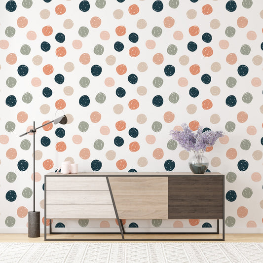 Modern sideboard against Abstract Geometric Polka Dots Blue Pale Green Wallpaper.