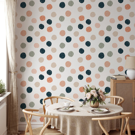 Round dining table set against Abstract Geometric Polka Dots wallpaper.