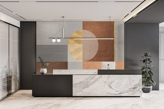 Modern wall mural with abstract geometric shapes for office entryway.