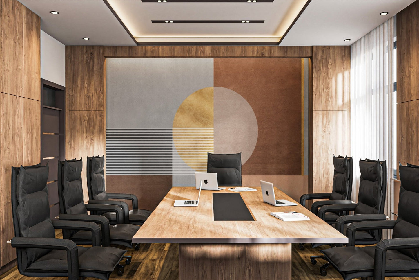 Contemporary abstract geometric shapes wall mural for conference room.
