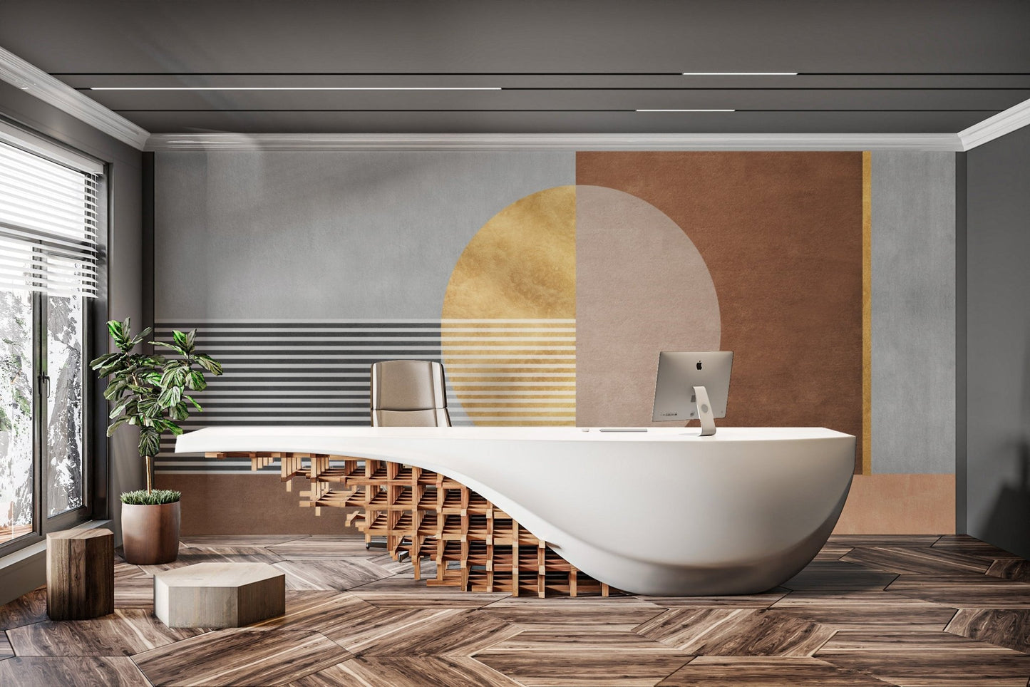 Geometric abstract pattern mural for stylish office wall decor.