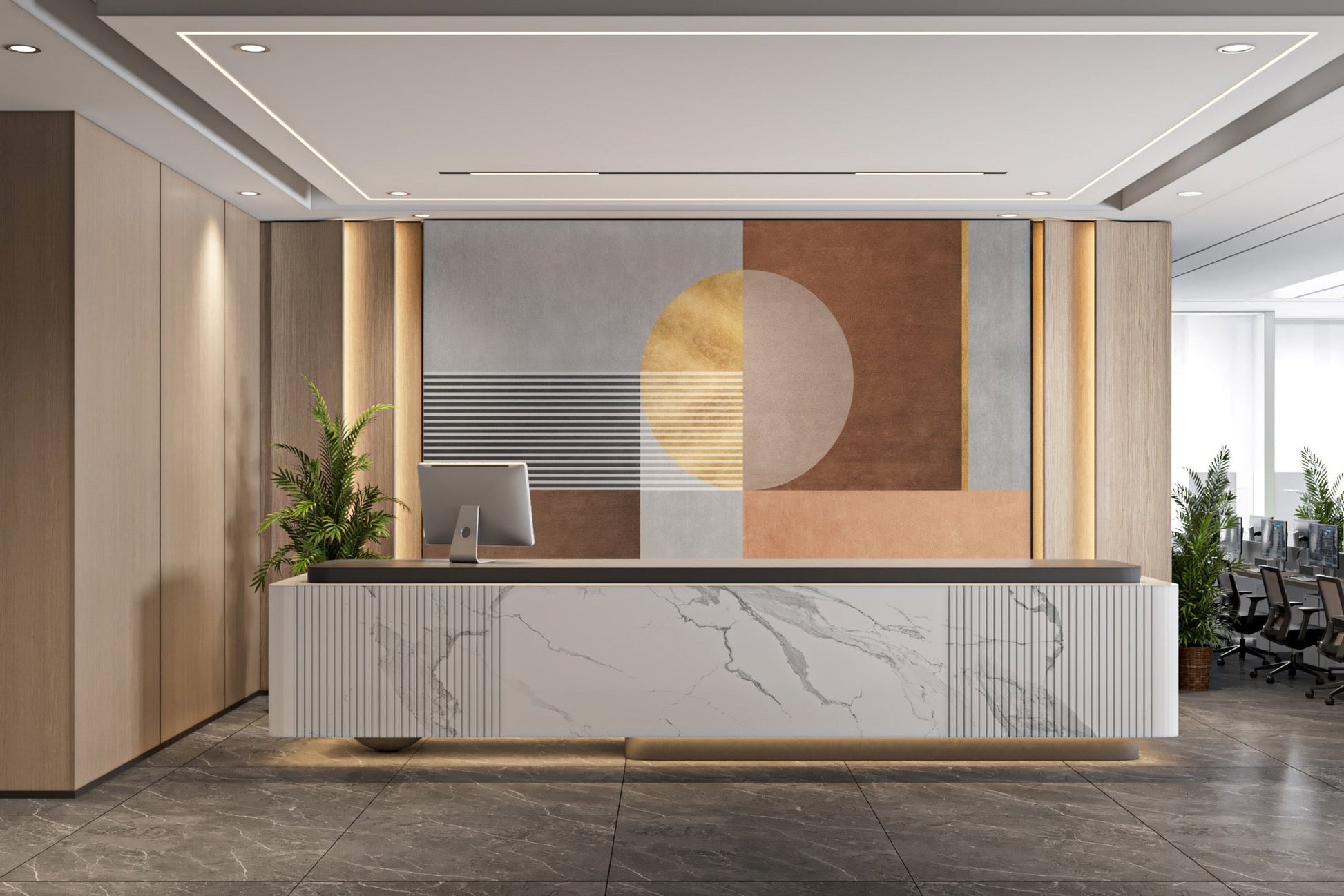 Bold geometric shapes in an abstract wall mural for reception area.