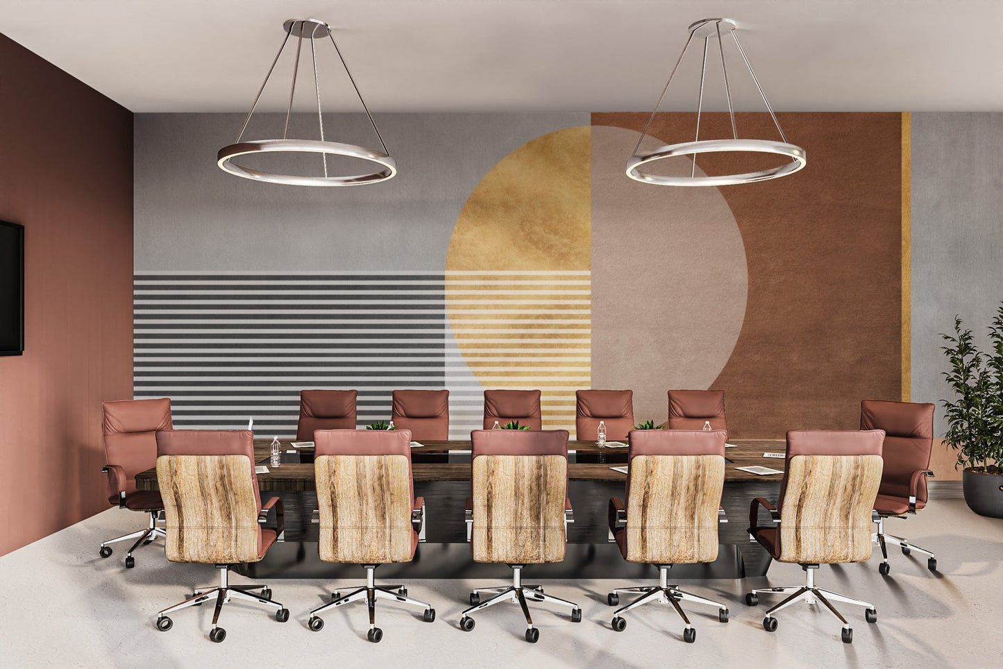 Geometric shapes mural with modern abstract design for meeting room.