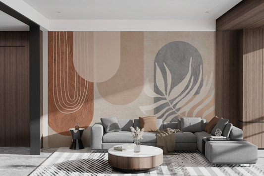 Terracotta arch wall mural with textured plaster finish.