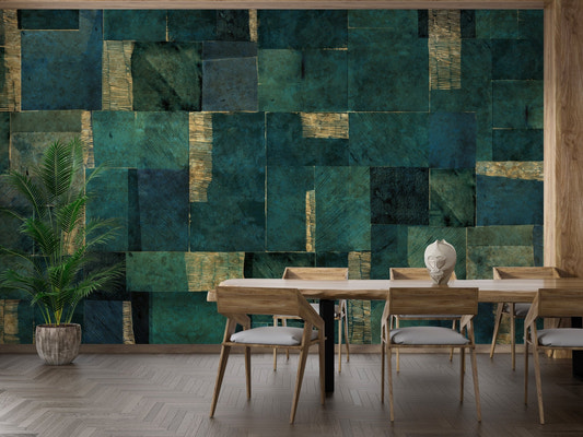 Textured geometric wallpaper mural with gold line detailing.