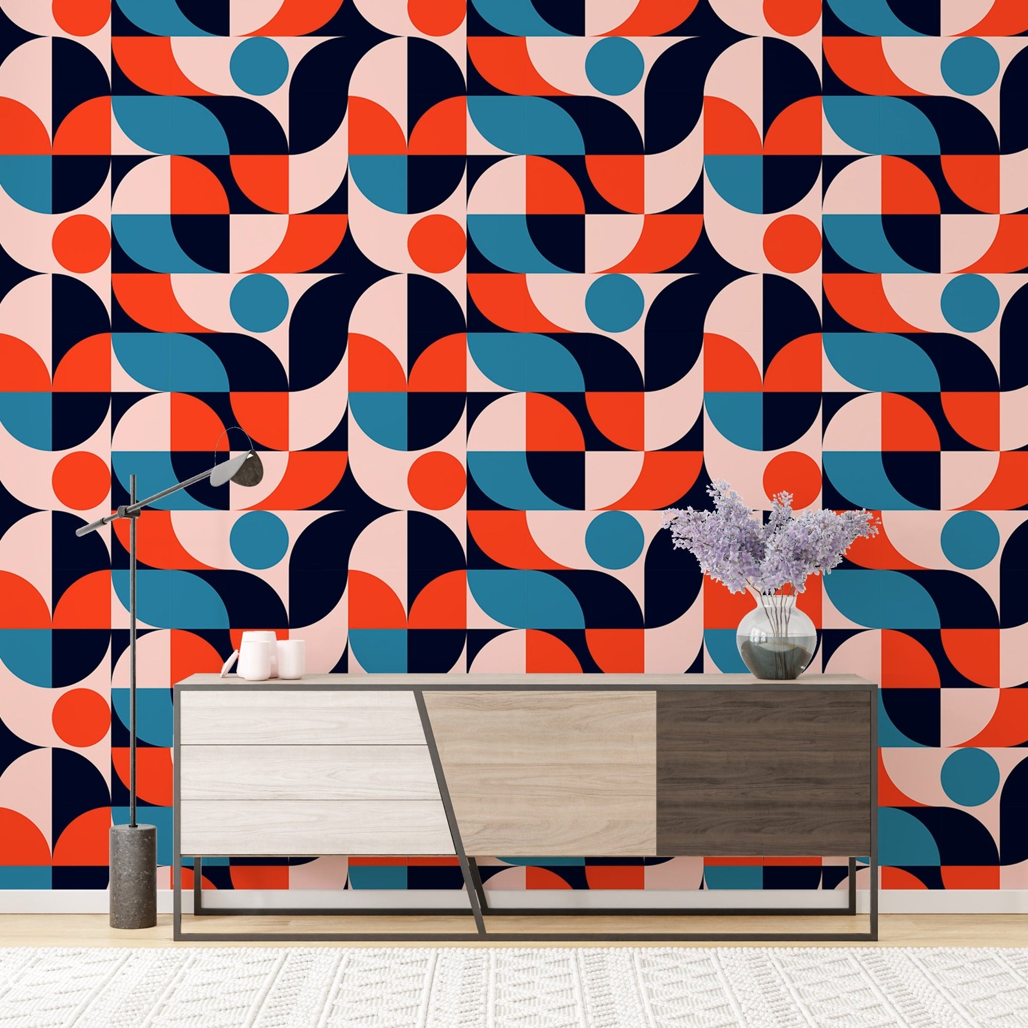 Abstract Geometry Minimalistic Artwork Wallpaper behind wooden sideboard in living room