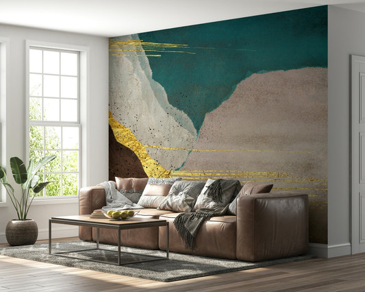 Modern teal mural in living room feature wall