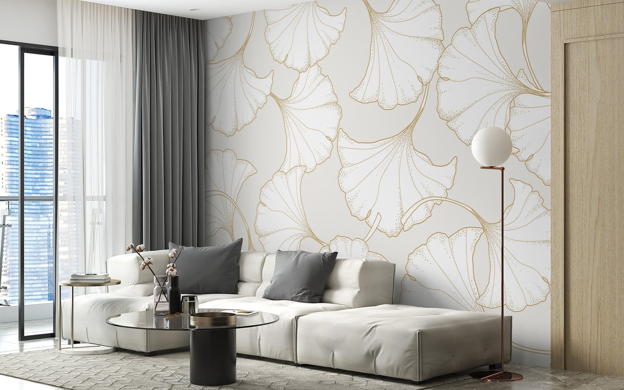 Abstract Ginkgo Leaf Delight Wallpaper in a living room with a white sectional sofa.