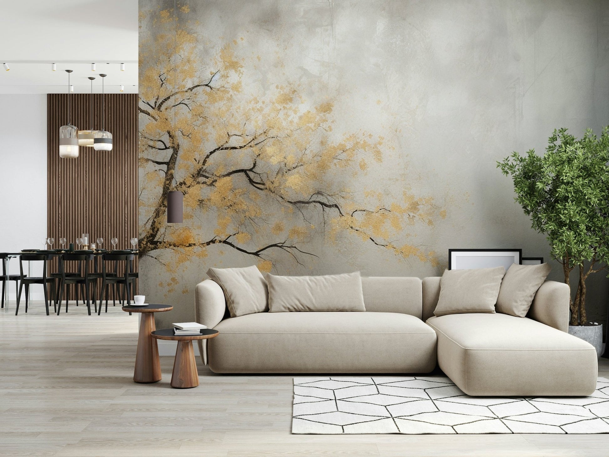 Abstract Golden Leaf Tree Wall Mural - Wallanza