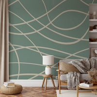 Neutral beige wavy lines crossing a sage green background wall mural.