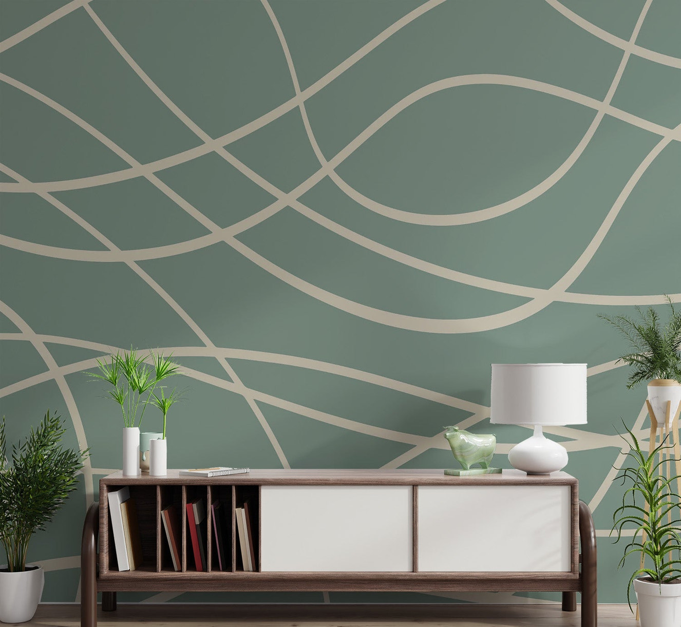 Sage green background featuring intersecting off-white line wall mural.