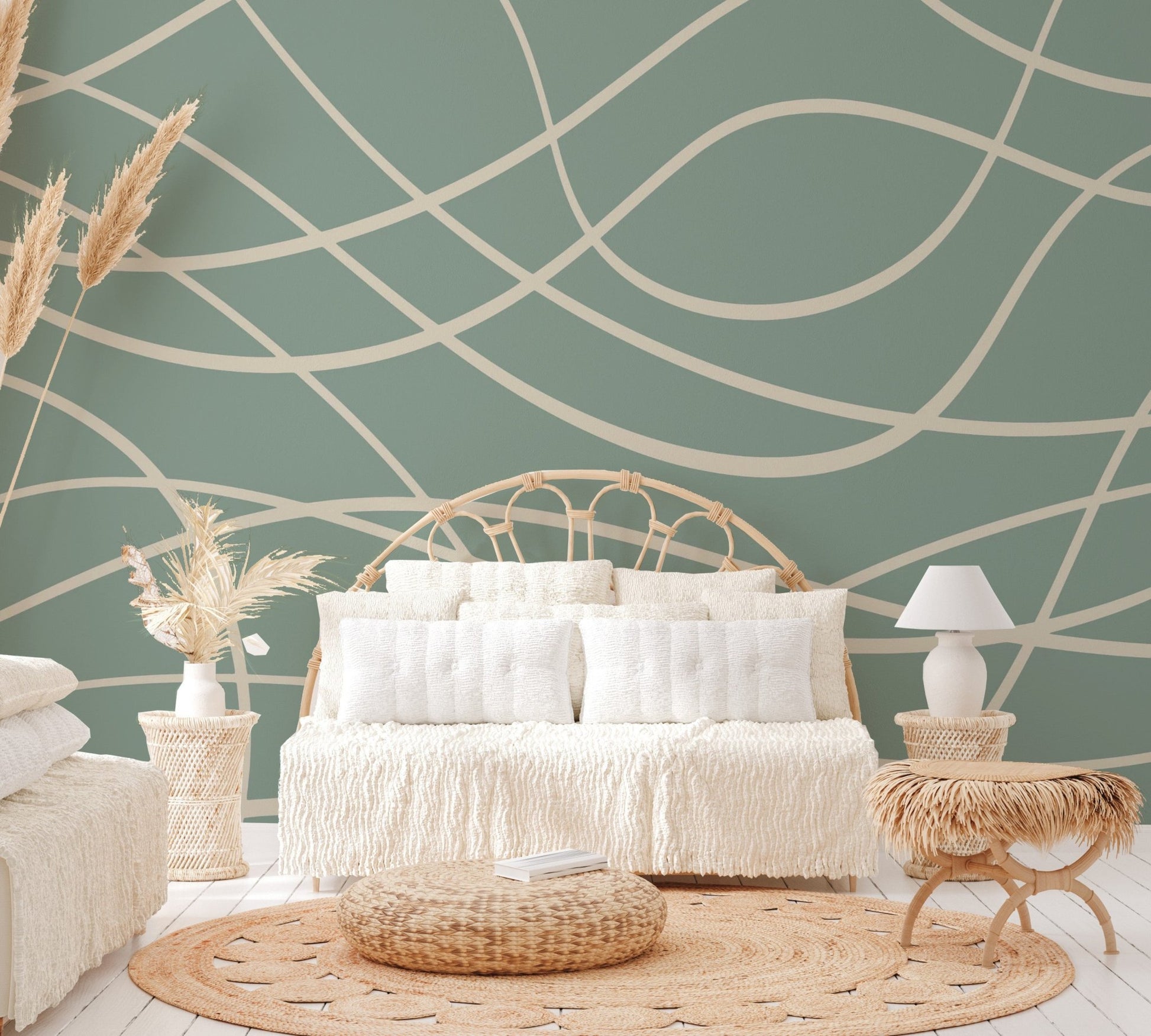 Curvy beige strokes on a solid sage green wall mural for bright bedroom.