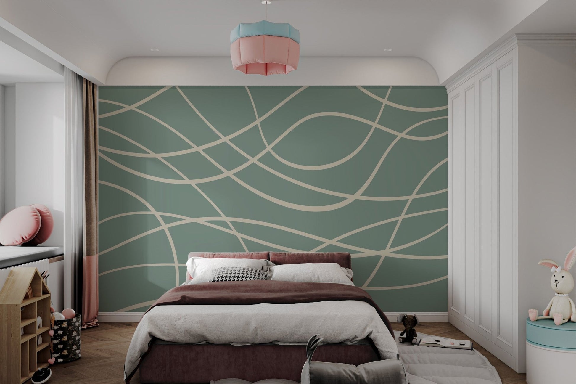 Minimalist sage green wall mural with thick intersecting wavy cream stripes.