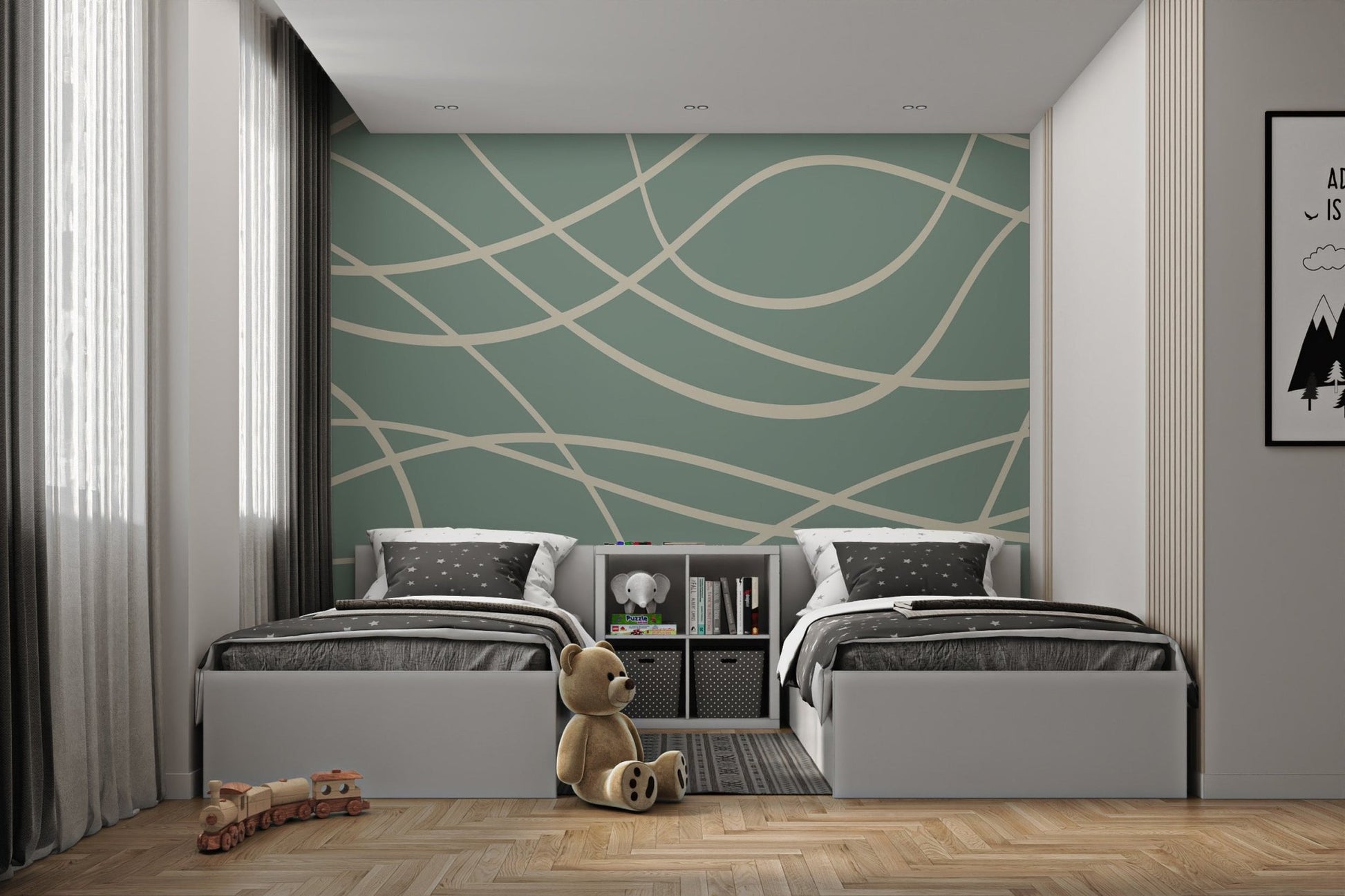 Abstract Green Lines Wall mural for minimalist twin bedroom.