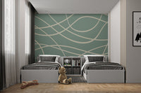 Abstract Green Lines Wall mural for minimalist twin bedroom.