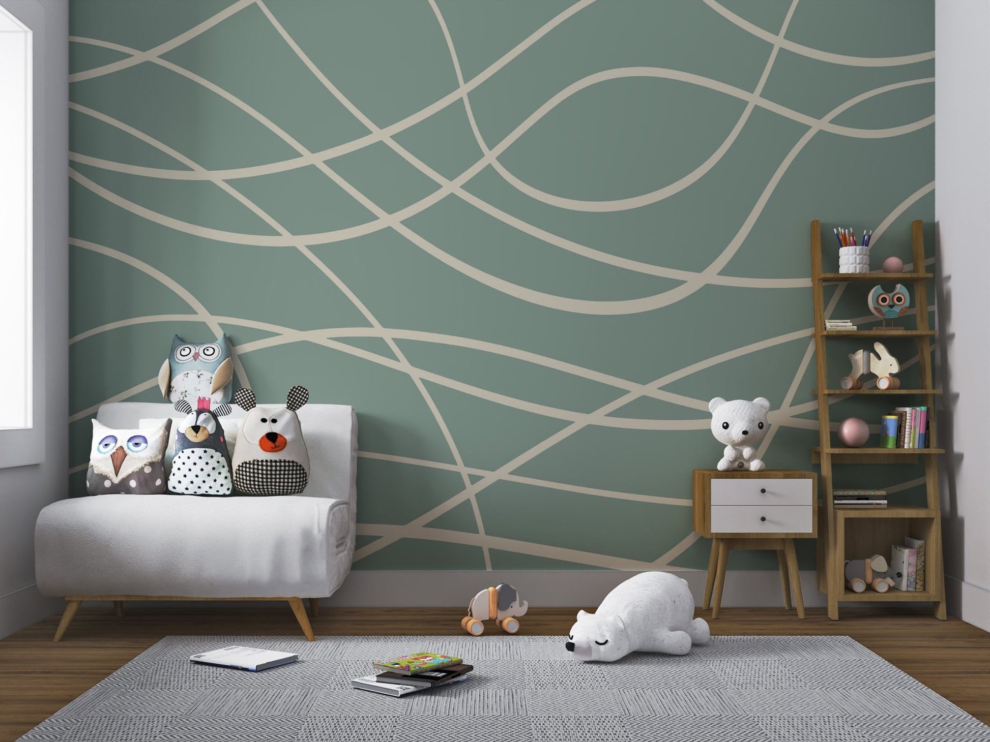 Contemporary wall mural with overlapping organic curves for nursery.