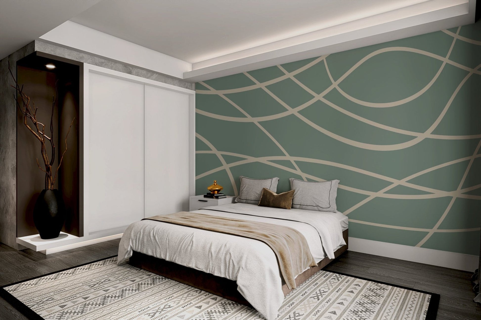 Modern geometric wall mural with wavy cream lines for bedroom.
