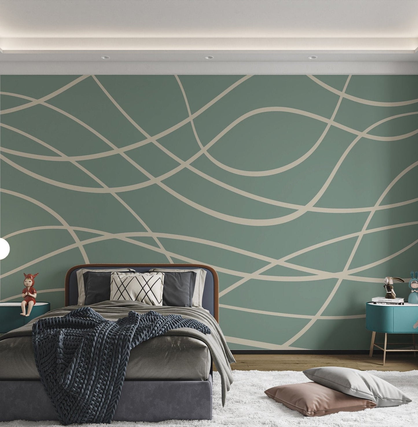 Abstract Green Lines Wall mural with smooth curves for kids bedroom.