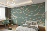 Abstract Green Lines mural displaying thick beige linework for kids bedroom.