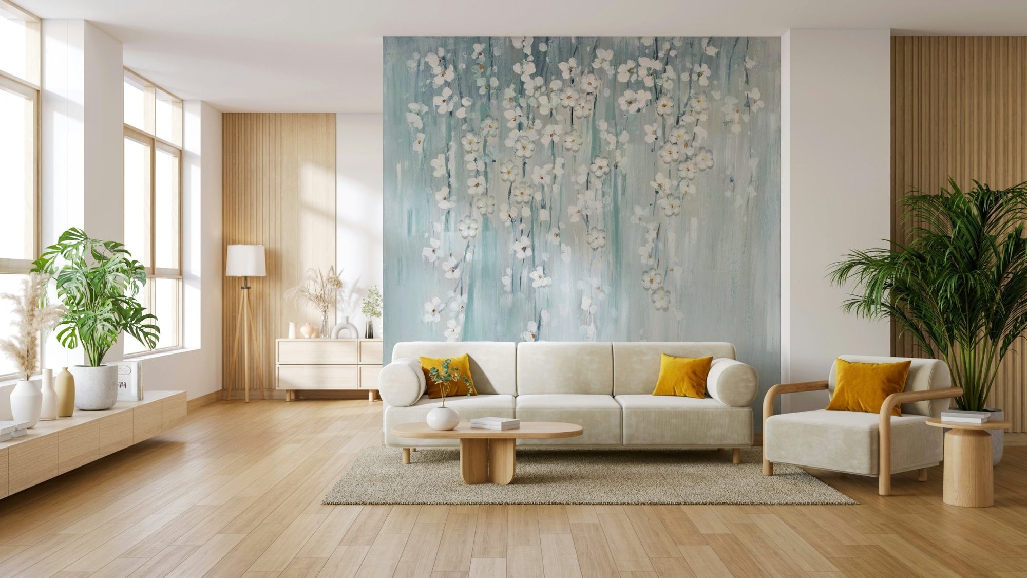 Living room soft blue floral accent wall mural