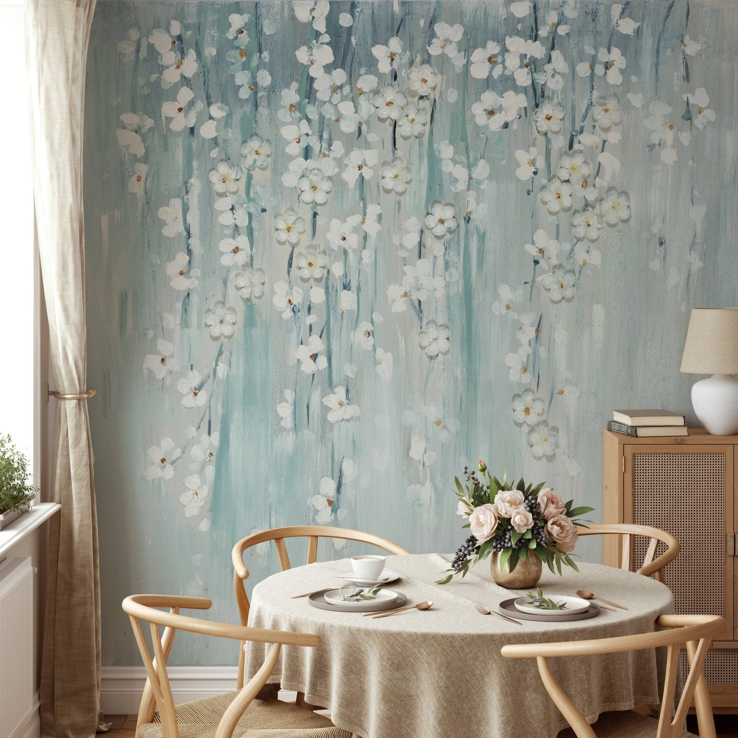 Dining room pale blue floral accent wall mural