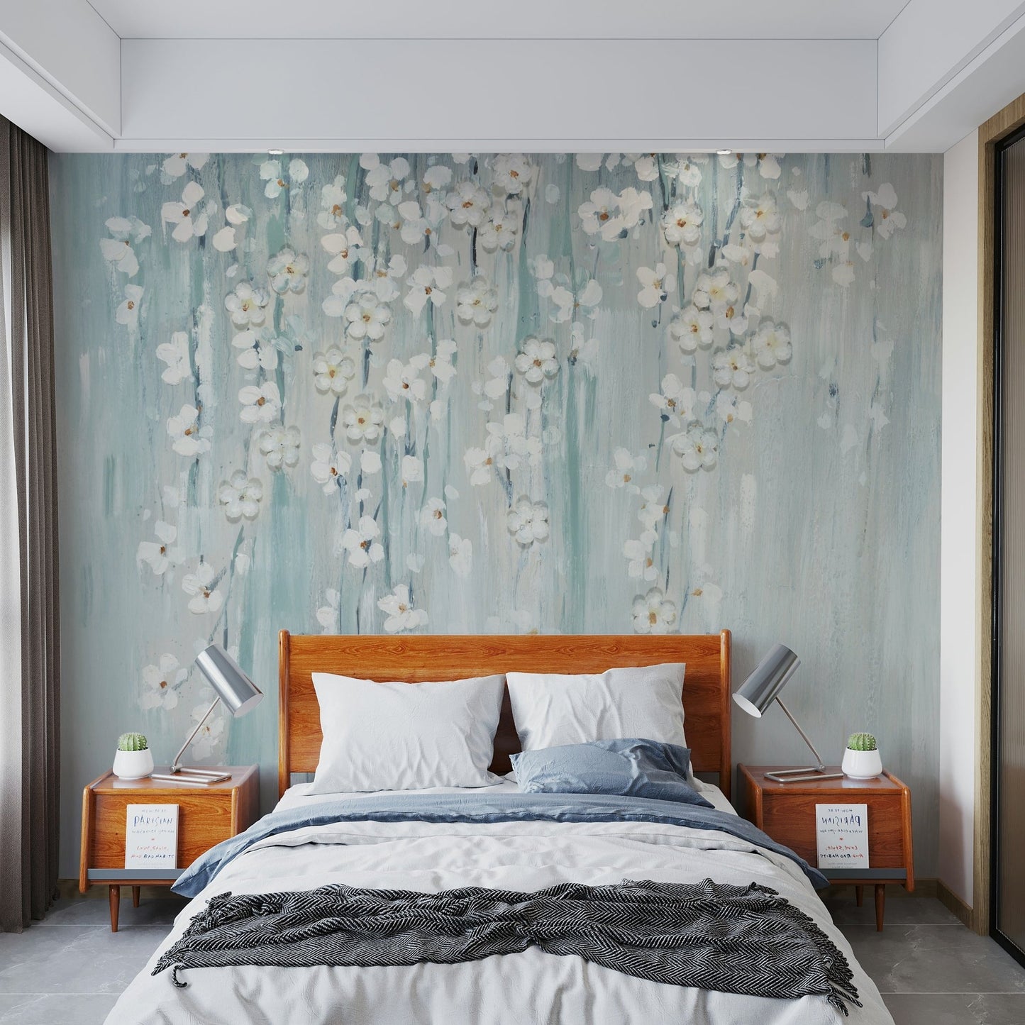 Bedroom watercolor blue florals feature wall