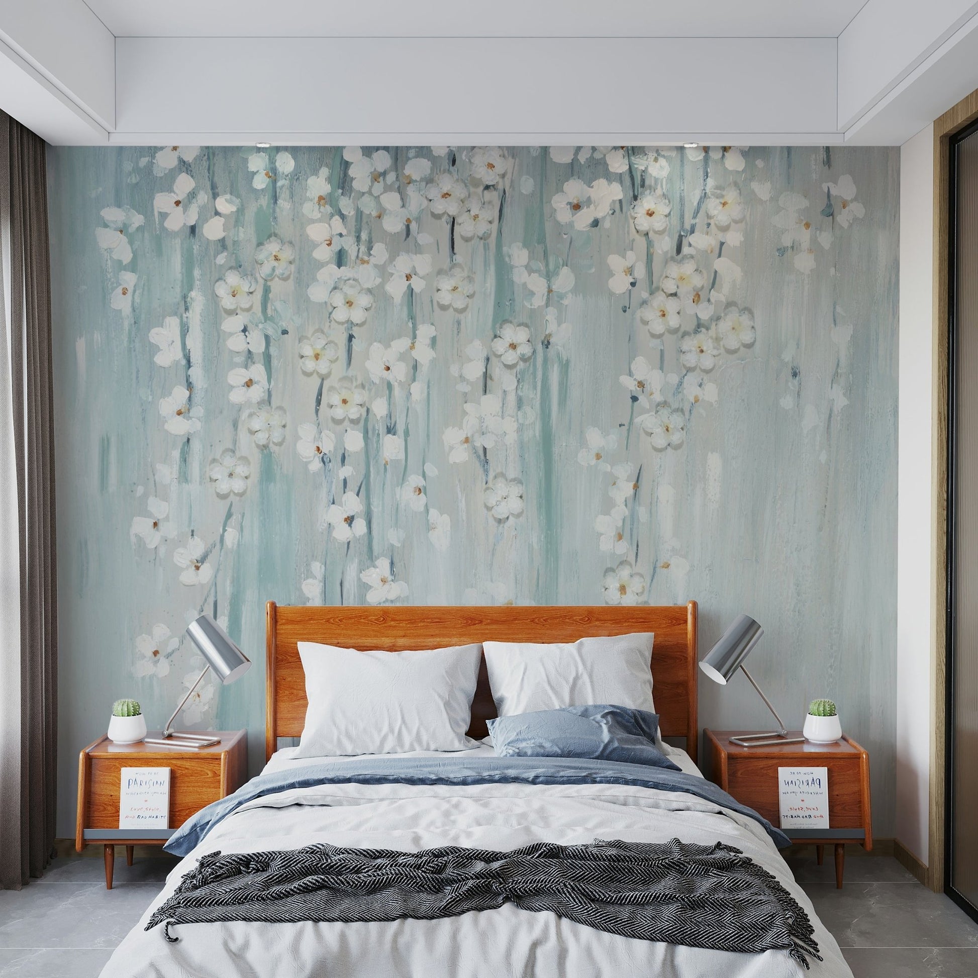 Bedroom watercolor blue florals feature wall
