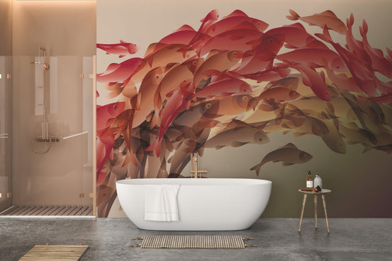 Abstract Koi Reflections Wall mural in a modern bathroom with a white tub.