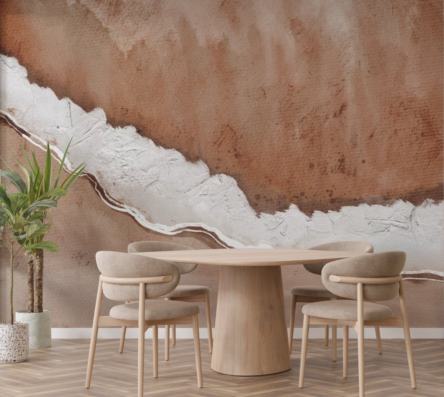 Abstract landscape wallpaper mural in earthy brown and white tones.