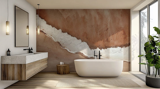Minimal landscape inspired wall mural in muted brown shades.