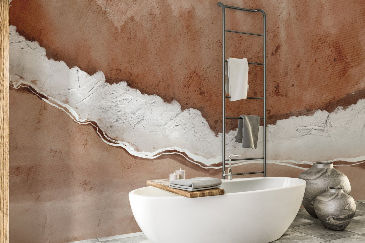 Artistic abstract landscape wallpaper mural in warm beige color.