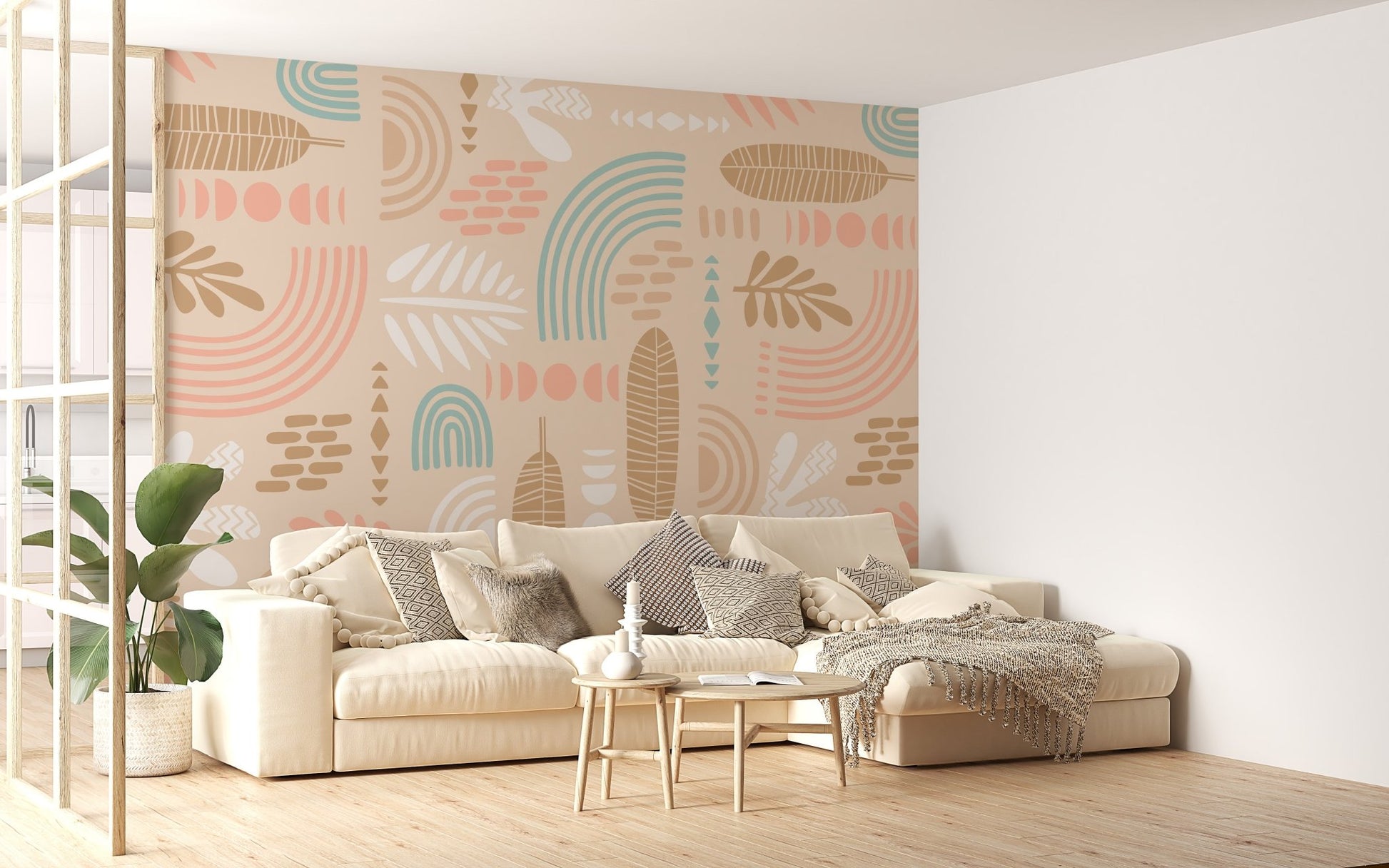Geometric pattern wall mural in a bright living area with wooden furniture.