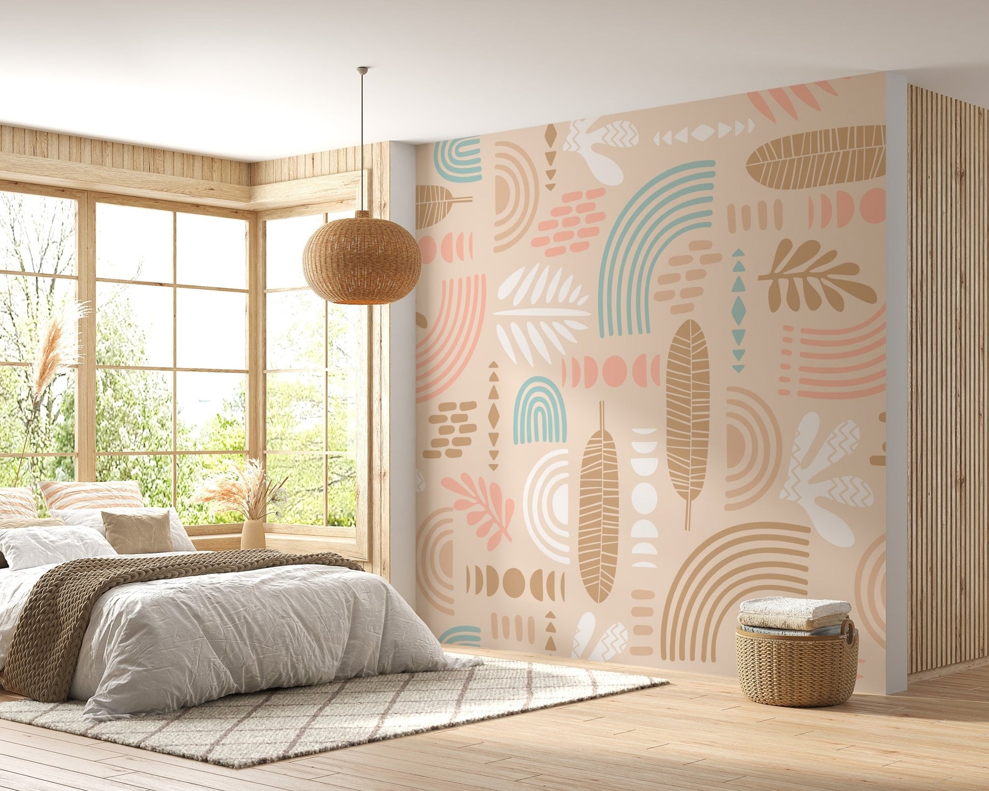 Contemporary wall mural with leaf silhouettes and abstract lines in a guest room.