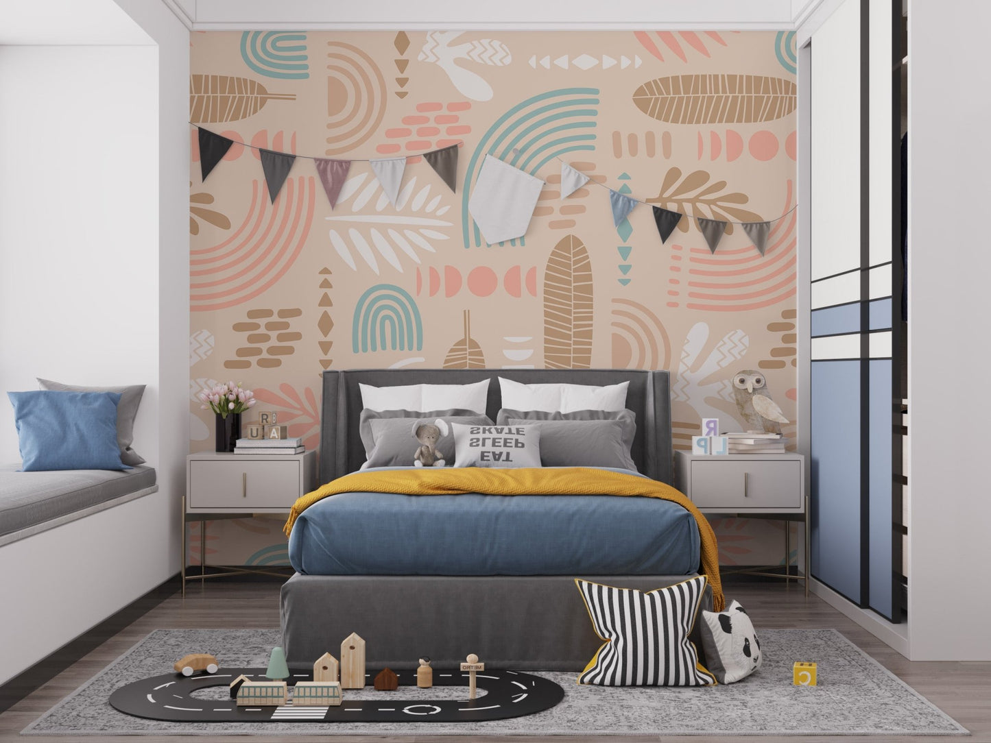 Bedroom wall decor featuring beige abstract shapes and teal accents wall mural.