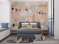 Bedroom wall decor featuring beige abstract shapes and teal accents wall mural.