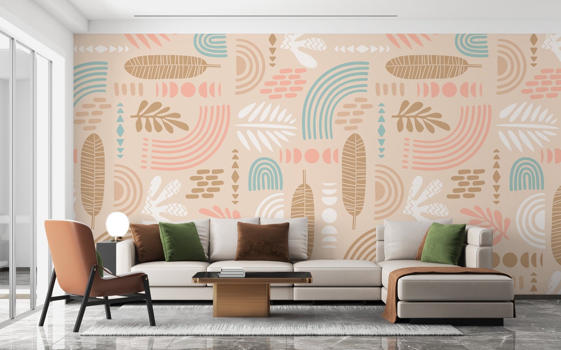 Modern wall mural with earthy textures and geometric motifs for a living room.