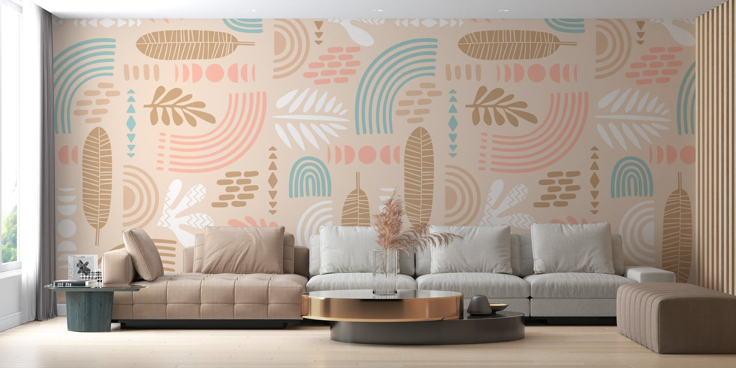 Neutral toned abstract leaves wall mural in a minimalist home office setting.