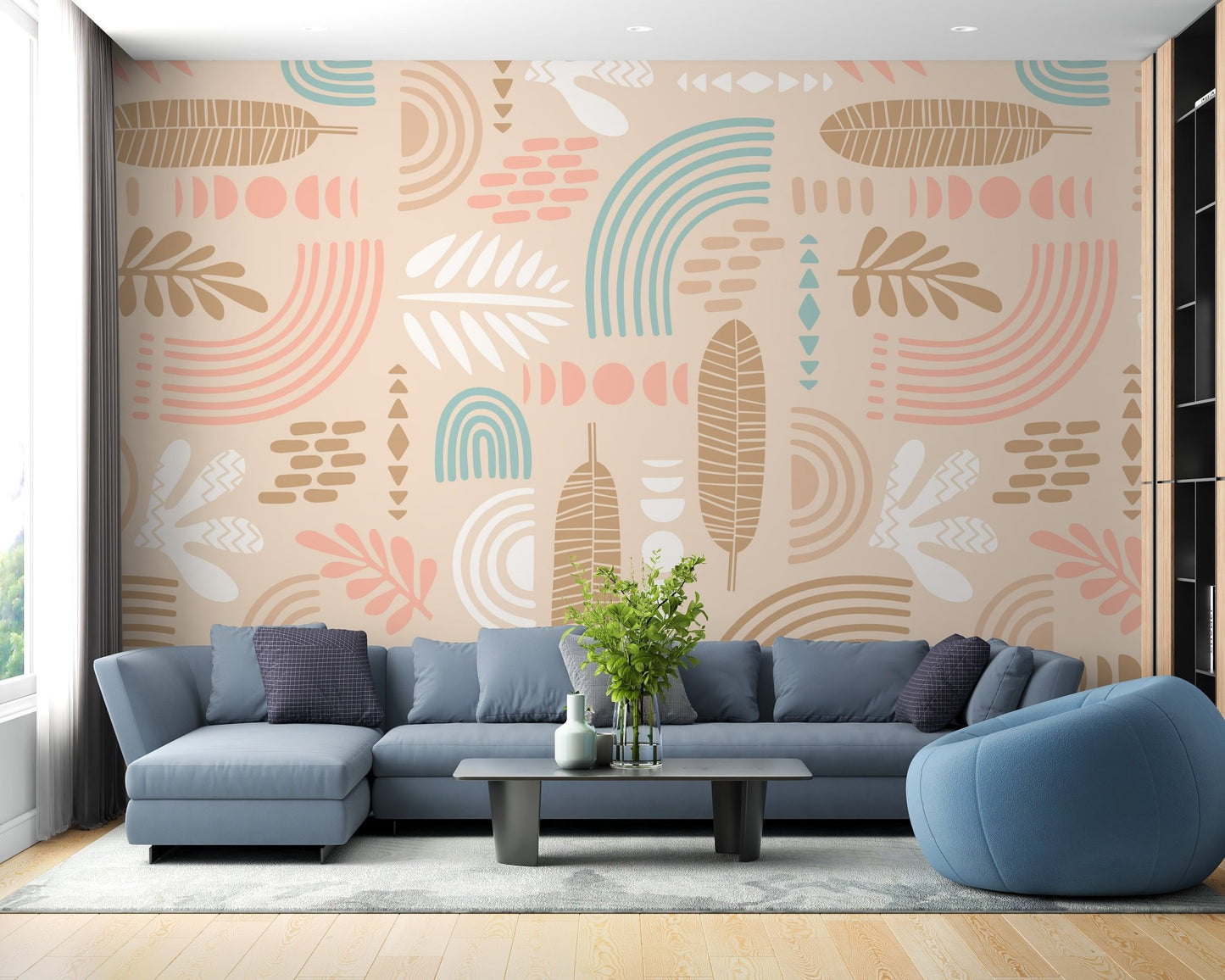 Large scale wall mural with organic shapes and lines in a spacious living area.