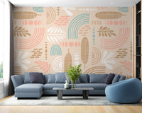 Large scale wall mural with organic shapes and lines in a spacious living area.