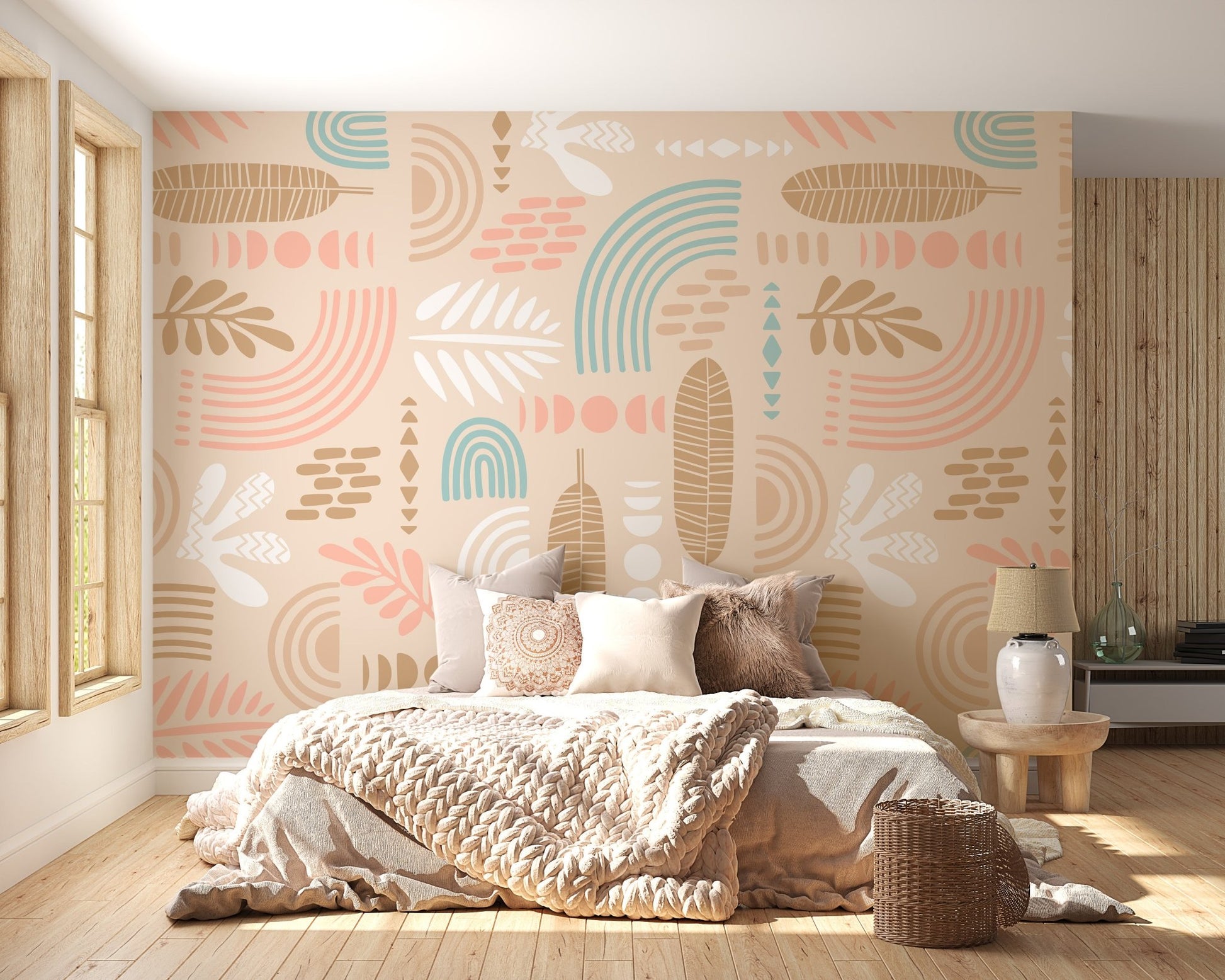 Minimalist wall mural with abstract arches and leaf patterns in bedroom.
