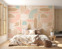 Minimalist wall mural with abstract arches and leaf patterns in bedroom.