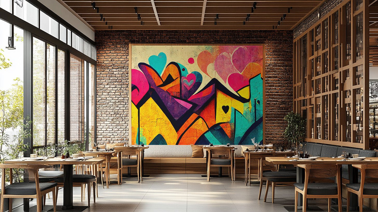 Colorful love-inspired graffiti mural design
